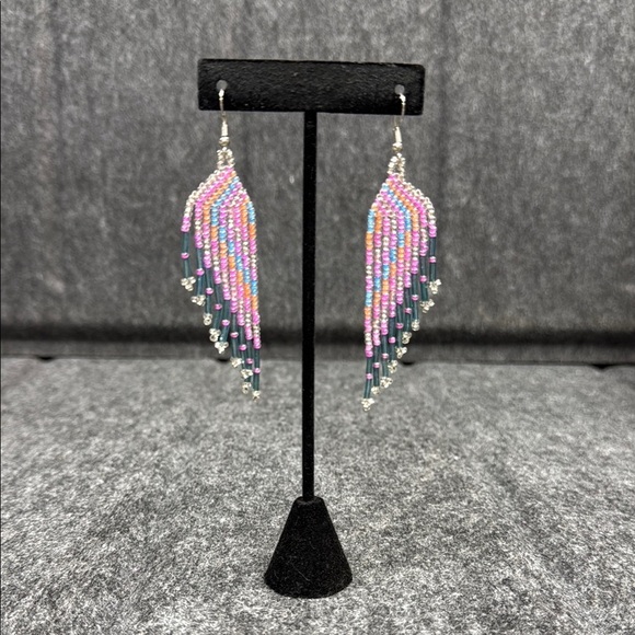 Pink and Silver Chandelier Earrings with Fringe Design - Picture 3 of 3